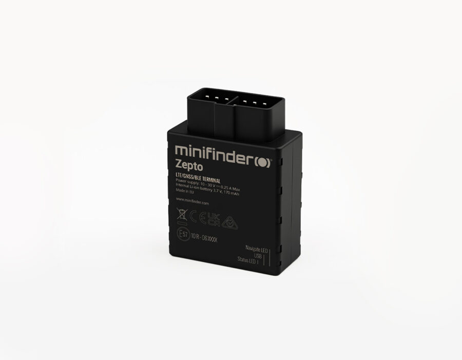 Close-up of the MiniFinder Zepto GPS tracker designed for reliable vehicle protection.