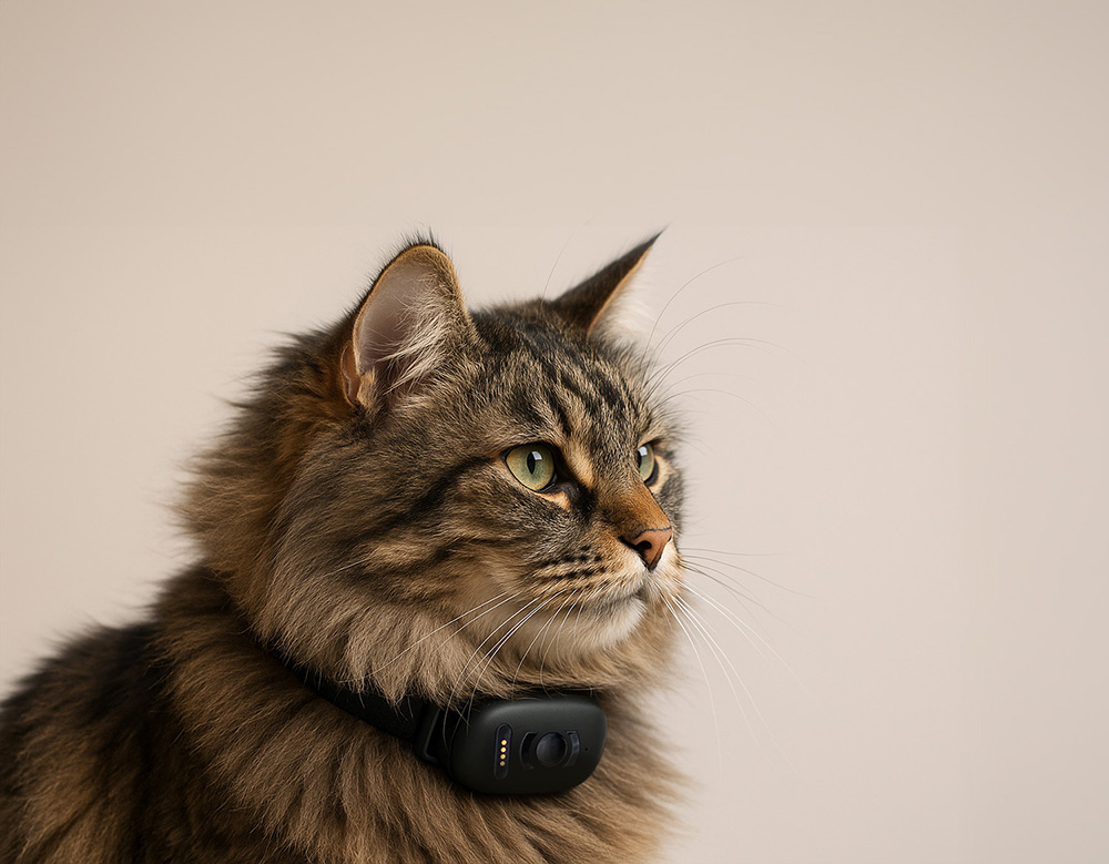 Cat wearing the Atto GPS tracker