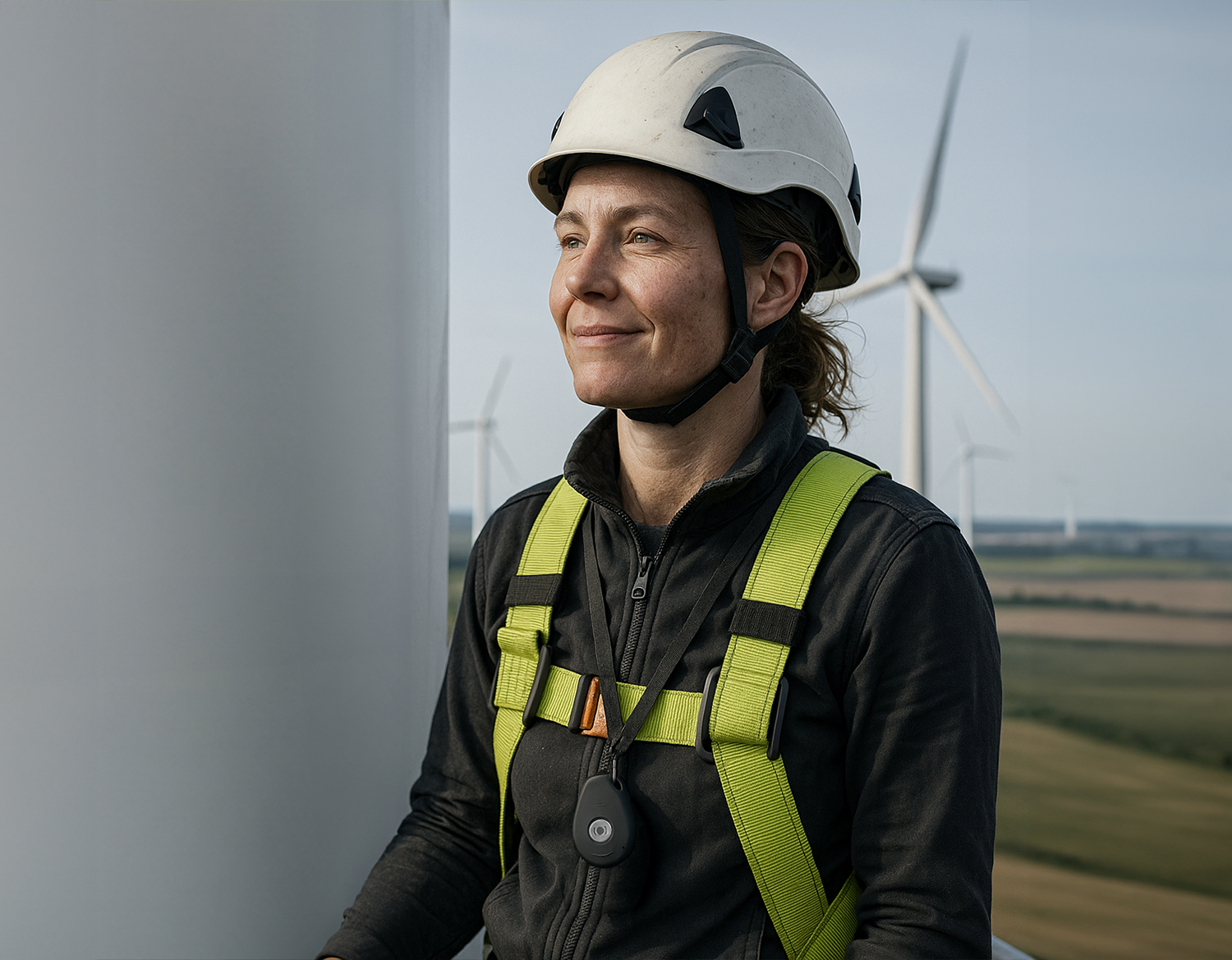 Woman wearing MiniFinder Pico around her neck while working at height