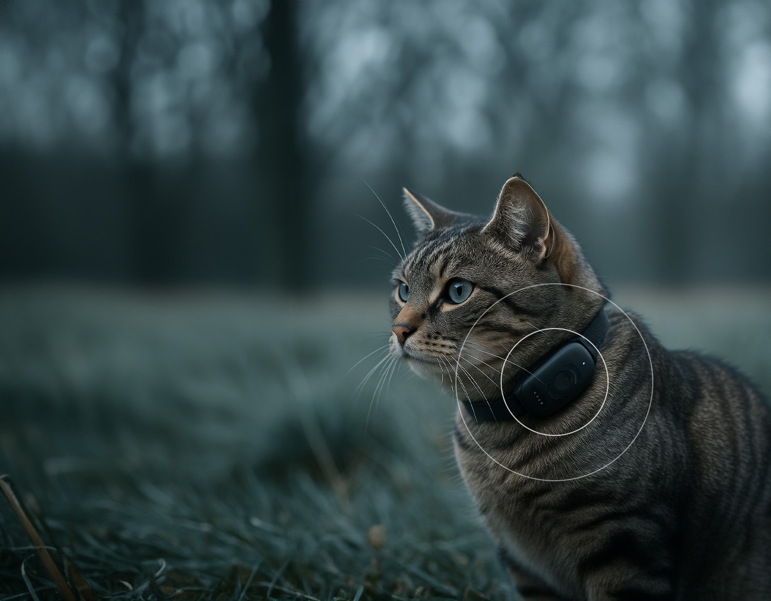 Cat wearing a GPS tracker at dusk