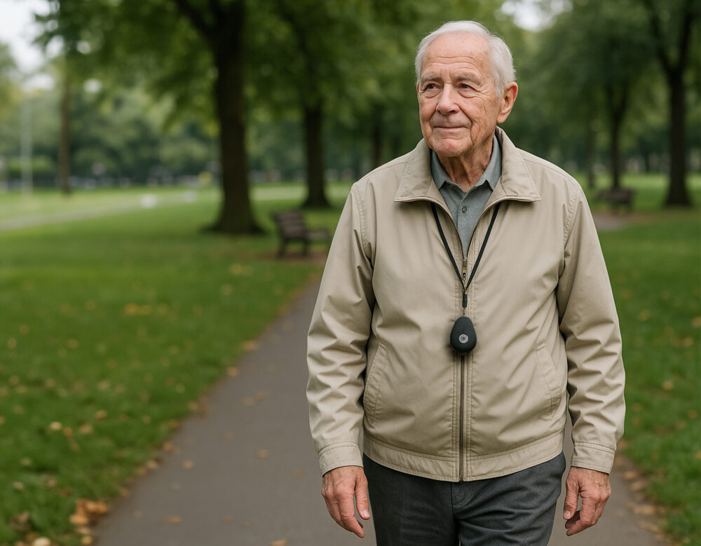 Elderly man using MiniFinder Pico personal GPS alarm for safety and independence