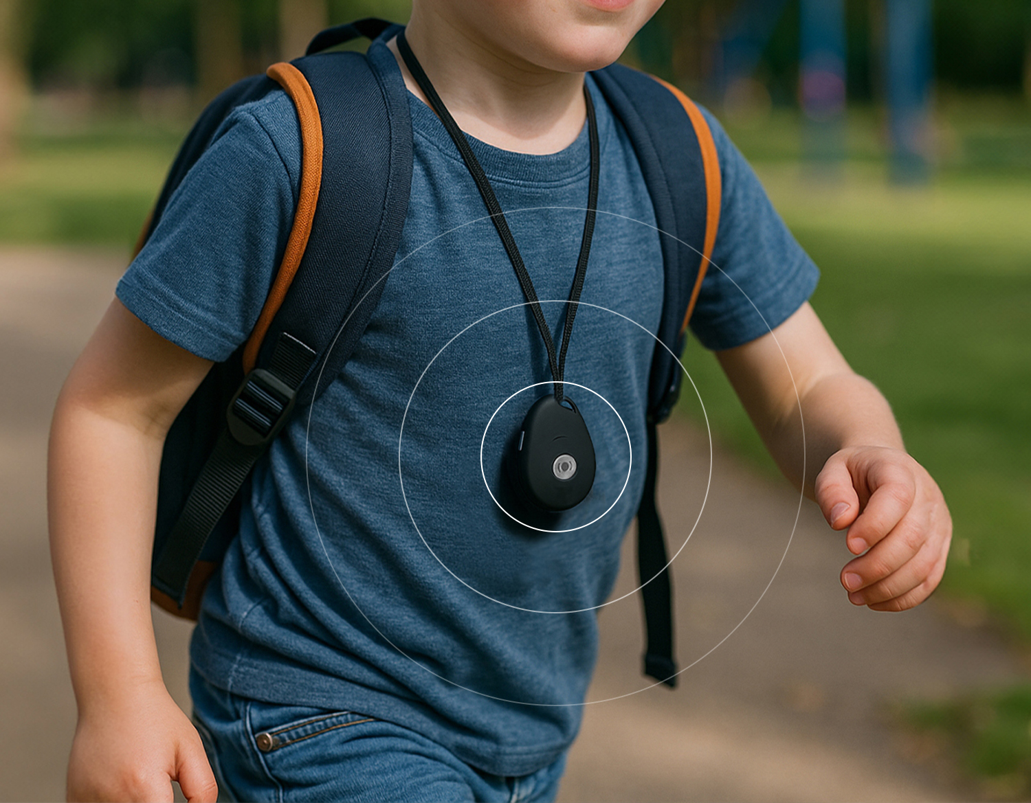 Child wearing MiniFinder Pico GPS safety device around the neck
