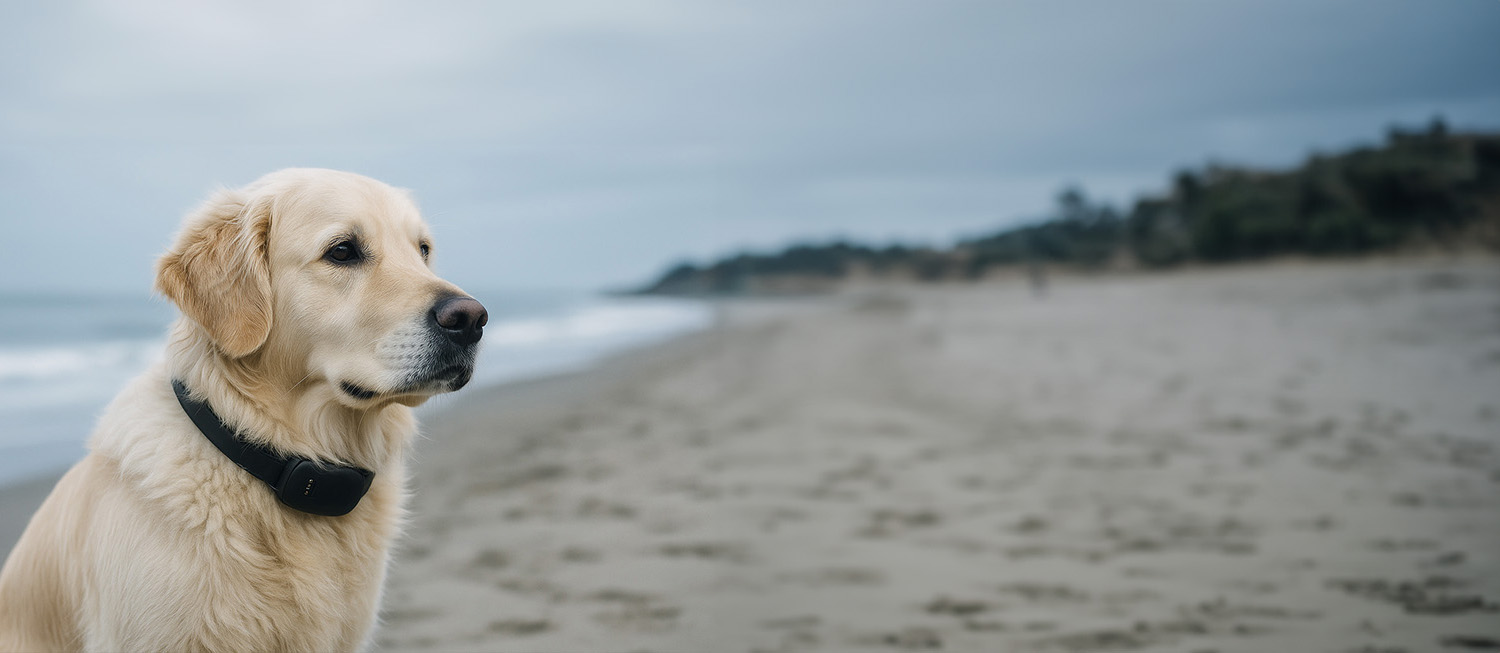 Dog wearing MiniFinder Atto Pro GPS tracker by the sea