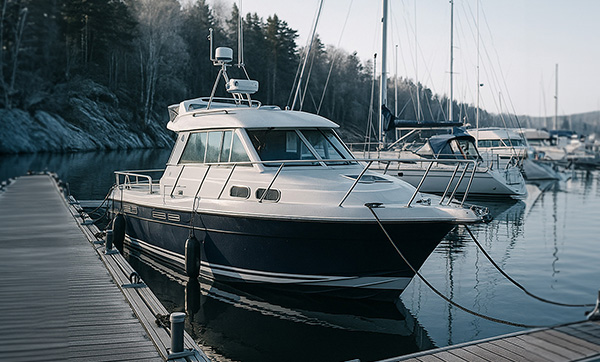 Boat equipped with a MiniFinder GPS tracker for real-time tracking and marine safety.