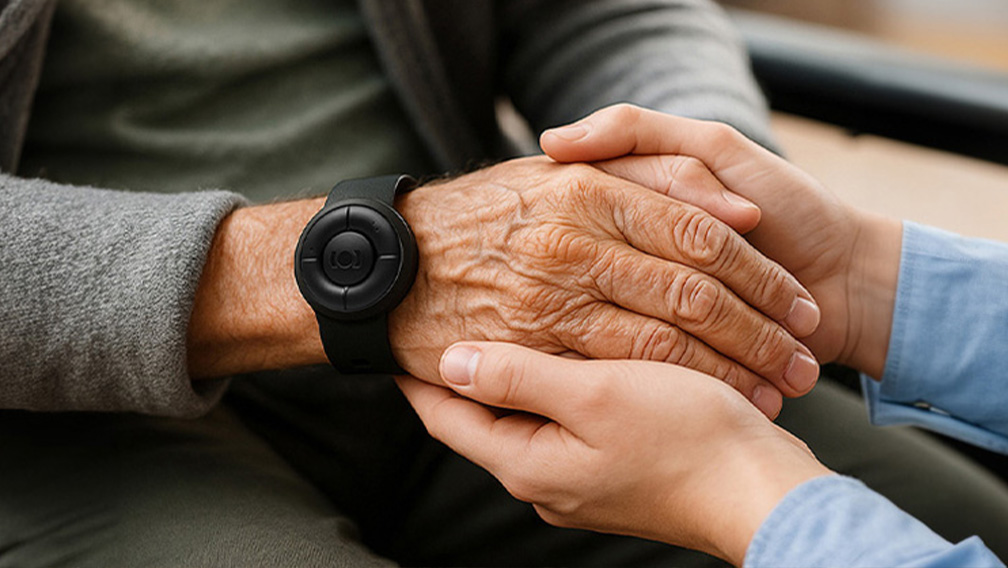 MiniFinder Telecare solution with personal safety alarm device shown on white background, symbolizing smart and connected care technology.