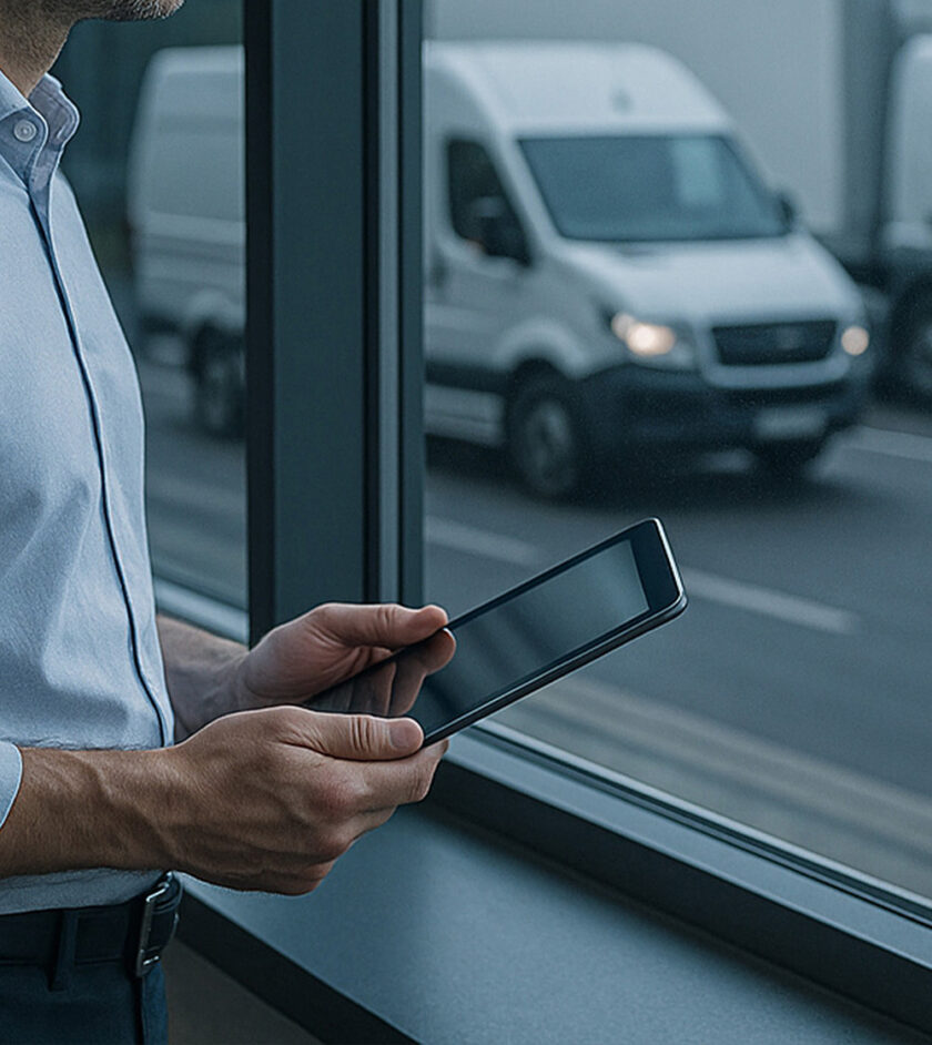 Image of working man holding a smart tablet to keep track of his fleet. A workers van is driving past in the background. This simulating fleet management.