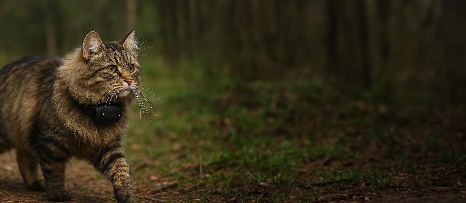 Cat wearing a MiniFinder GPS tracker for real-time tracking and safety.