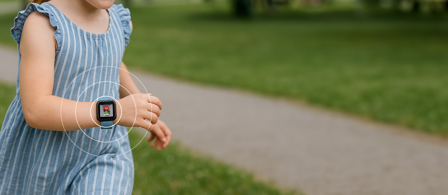 Child using MiniFinder Watch, a smart safety device for children