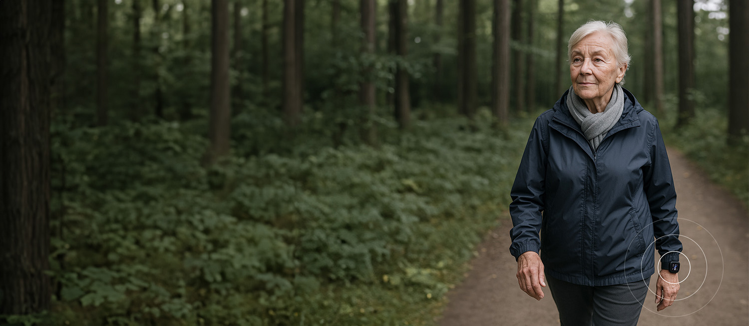 Elderly woman walking in the forest wearing MiniFinder Watch safety device.