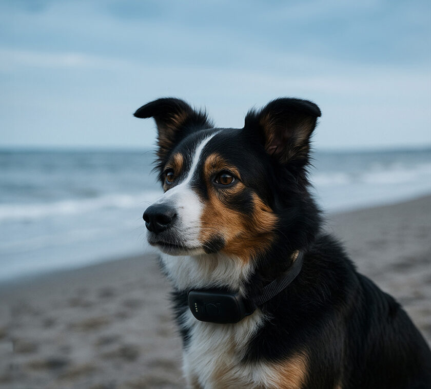 Dog wearing a MiniFinder GPS tracker for real-time pet tracking and safety.
