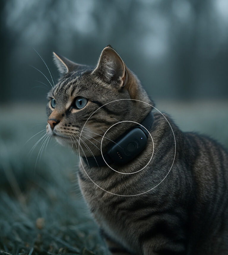 Cat wearing the MiniFinder Atto Pro GPS tracker for real-time tracking and safety.