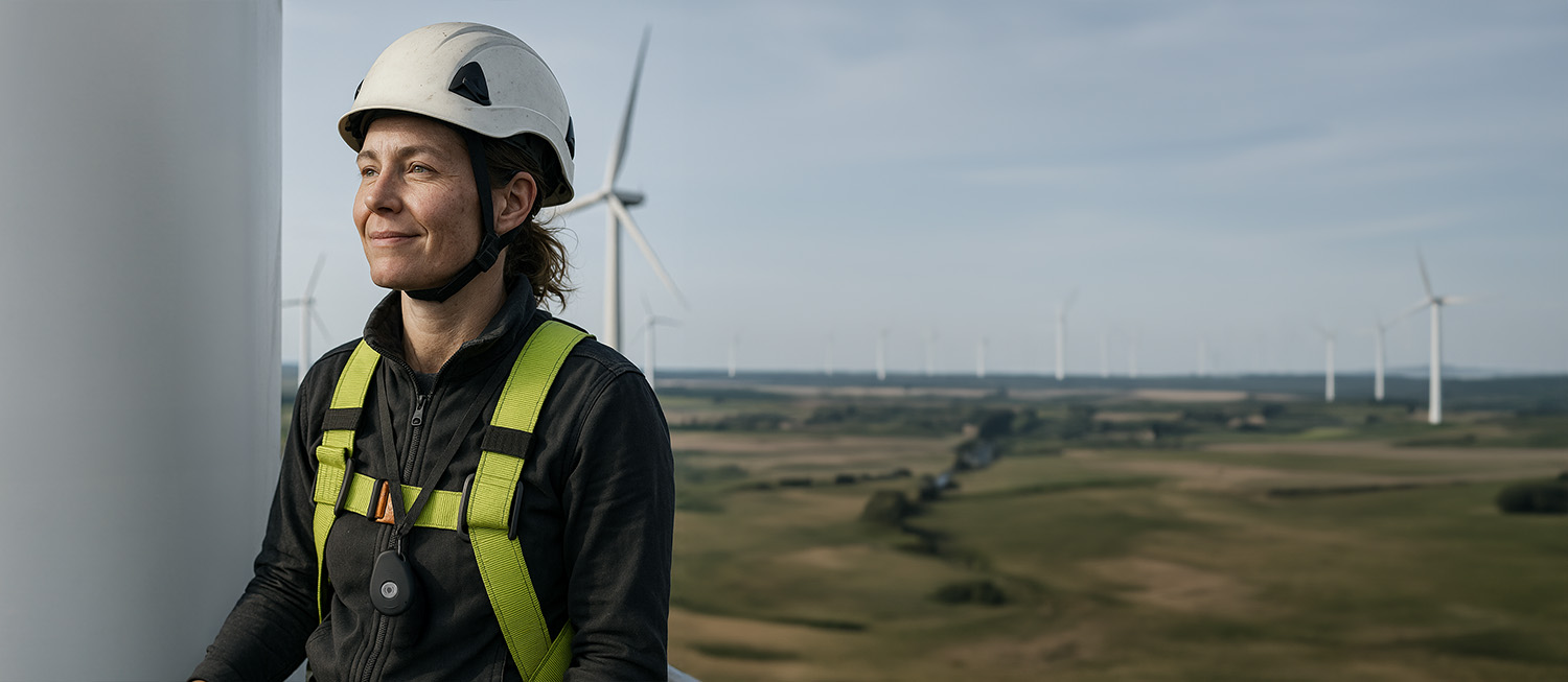 Woman working alone on a wind turbine equipped with MiniFinder fall alarm for safety monitoring.
