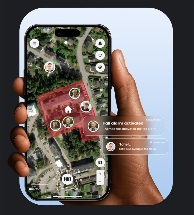MiniFinder Live system showing real-time tracking and alarm management.