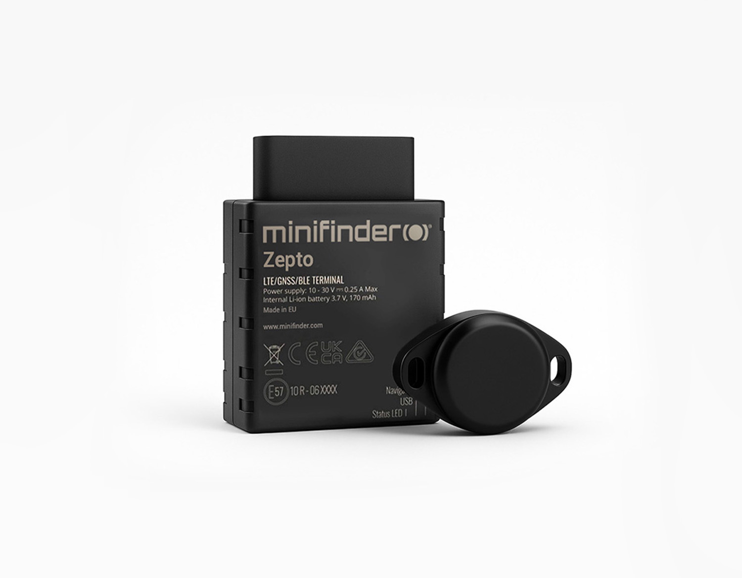 Close-up of the MiniFinder Zenso GPS tracker with built-in sensors for temperature and humidity monitoring.