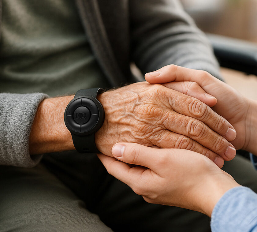 Elderly person wearing MiniFinder Nano, a discreet personal alarm providing safety and real-time monitoring.
