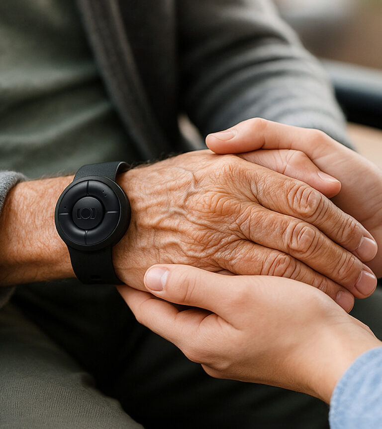Image of two hands. One elderly with a personal safety alarm on the wrist and resting the hands in a care givers.
