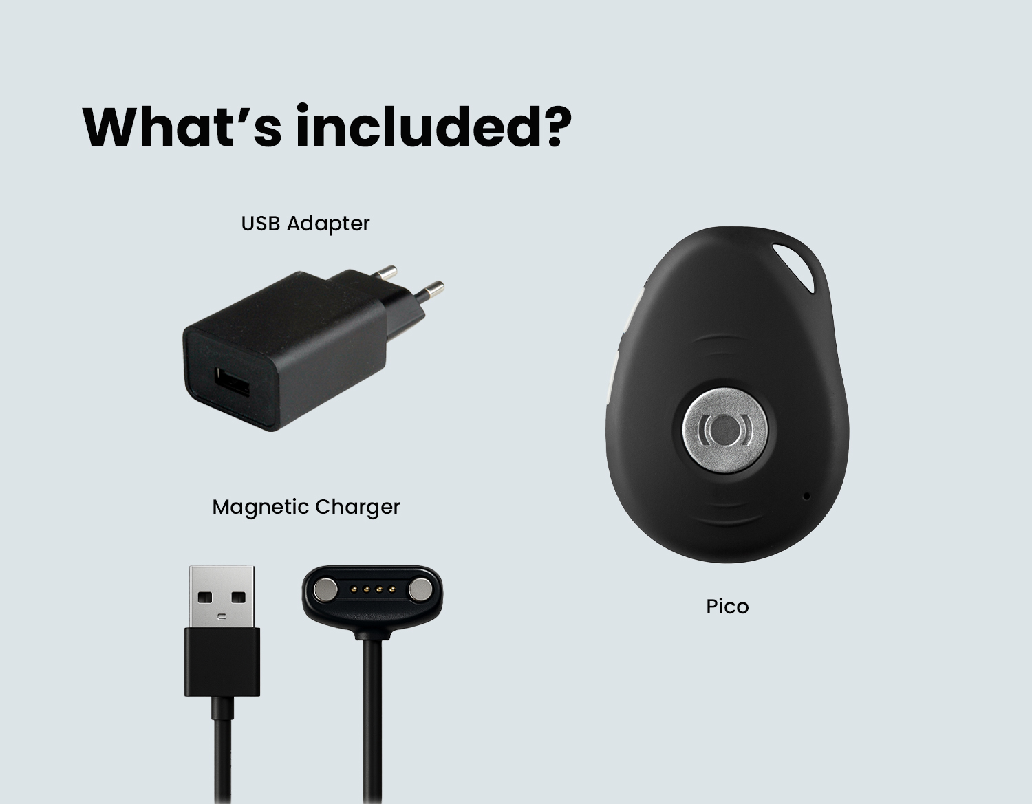 What’s included in the MiniFinder Pico box – GPS alarm, USB cable, and user manual