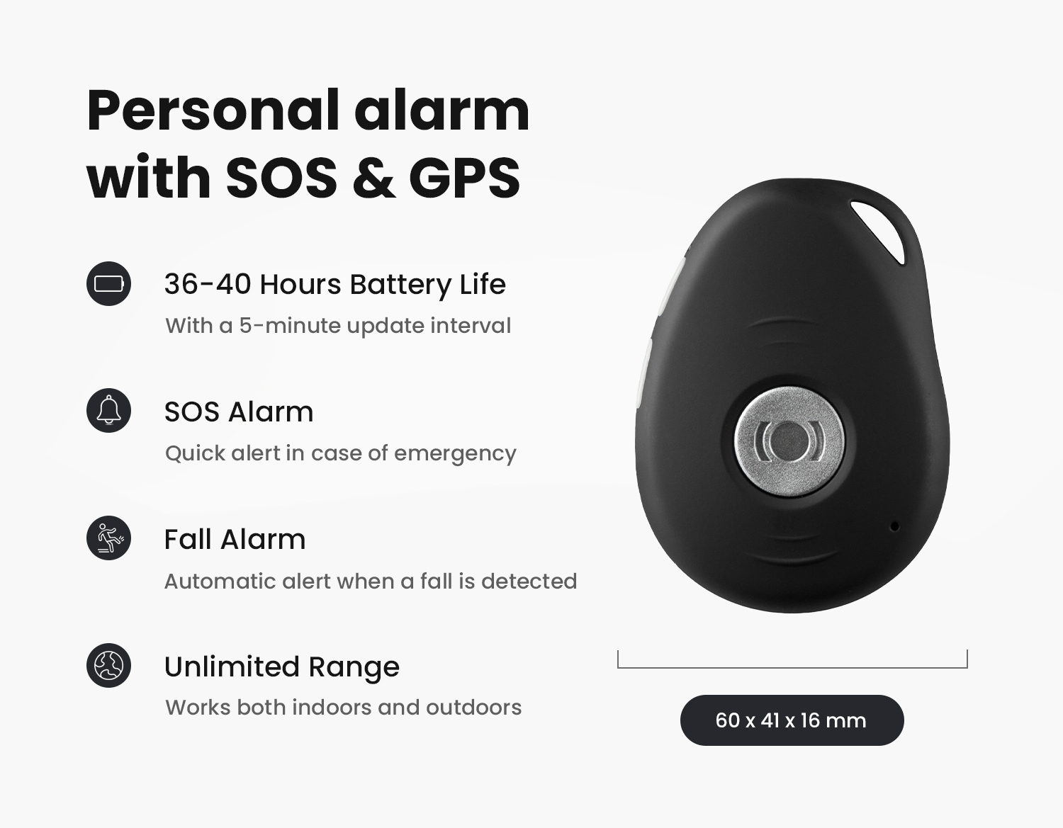 Image of the MiniFinder Pico with listed specifications such as battery life, SOS function, and GPS.