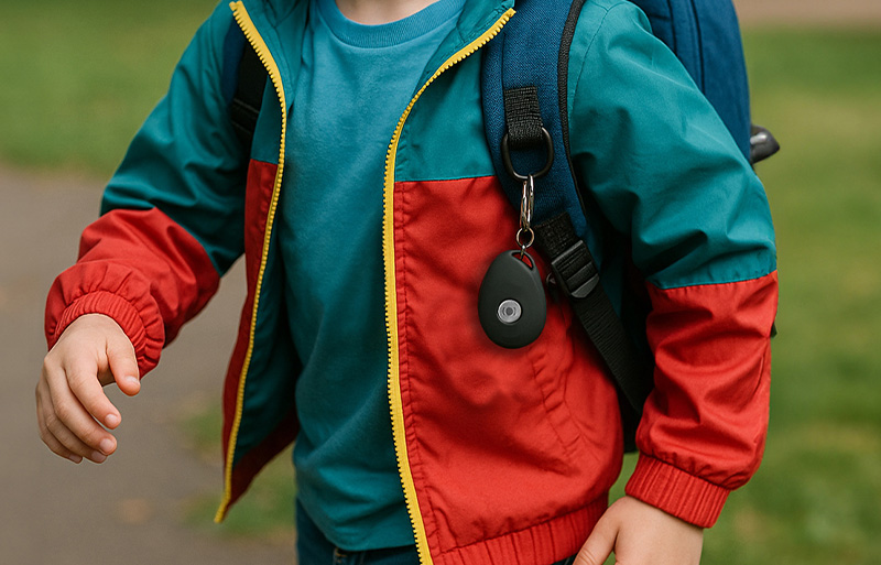 Child with MiniFinder Pico attached to keychain showing real-time GPS positioning