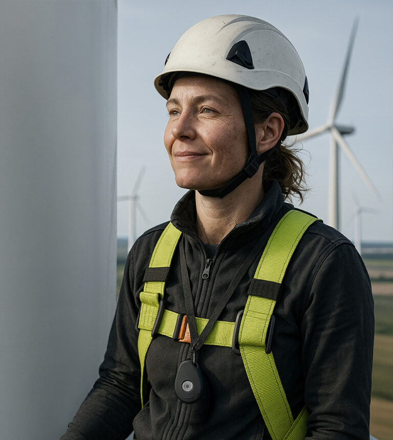 Image of a lone worker with a GPS personal alarm attached to an lanyard necklace.