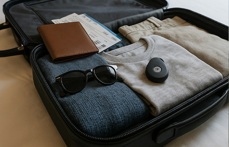 MiniFinder Pico placed inside a suitcase as an anti-theft GPS device