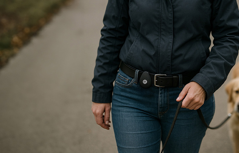 Woman wearing MiniFinder Pico on her belt demonstrating smart GPS features