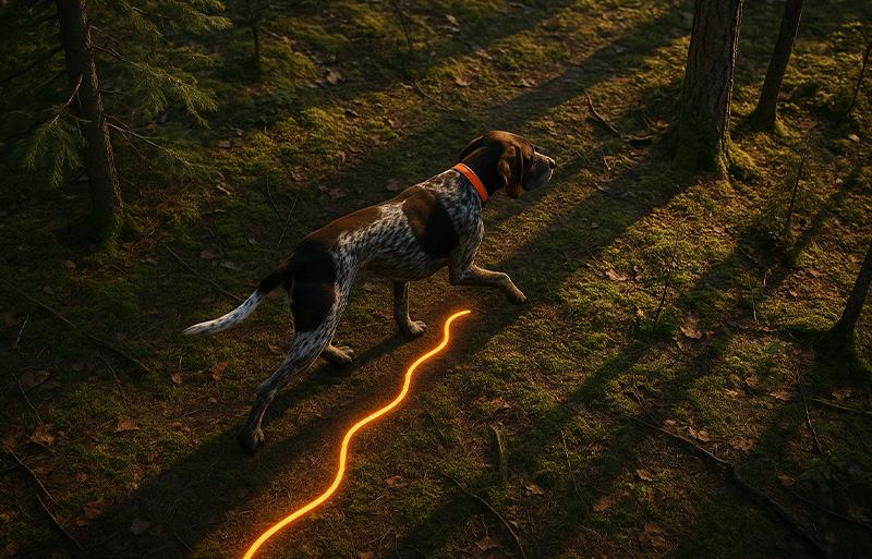 Bird’s-eye view of a hunting dog in the forest with an orange trail showing its movement path.