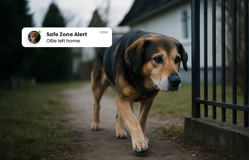 Dog wearing MiniFinder Atto Pro GPS tracker triggering an escape alert notification in the app