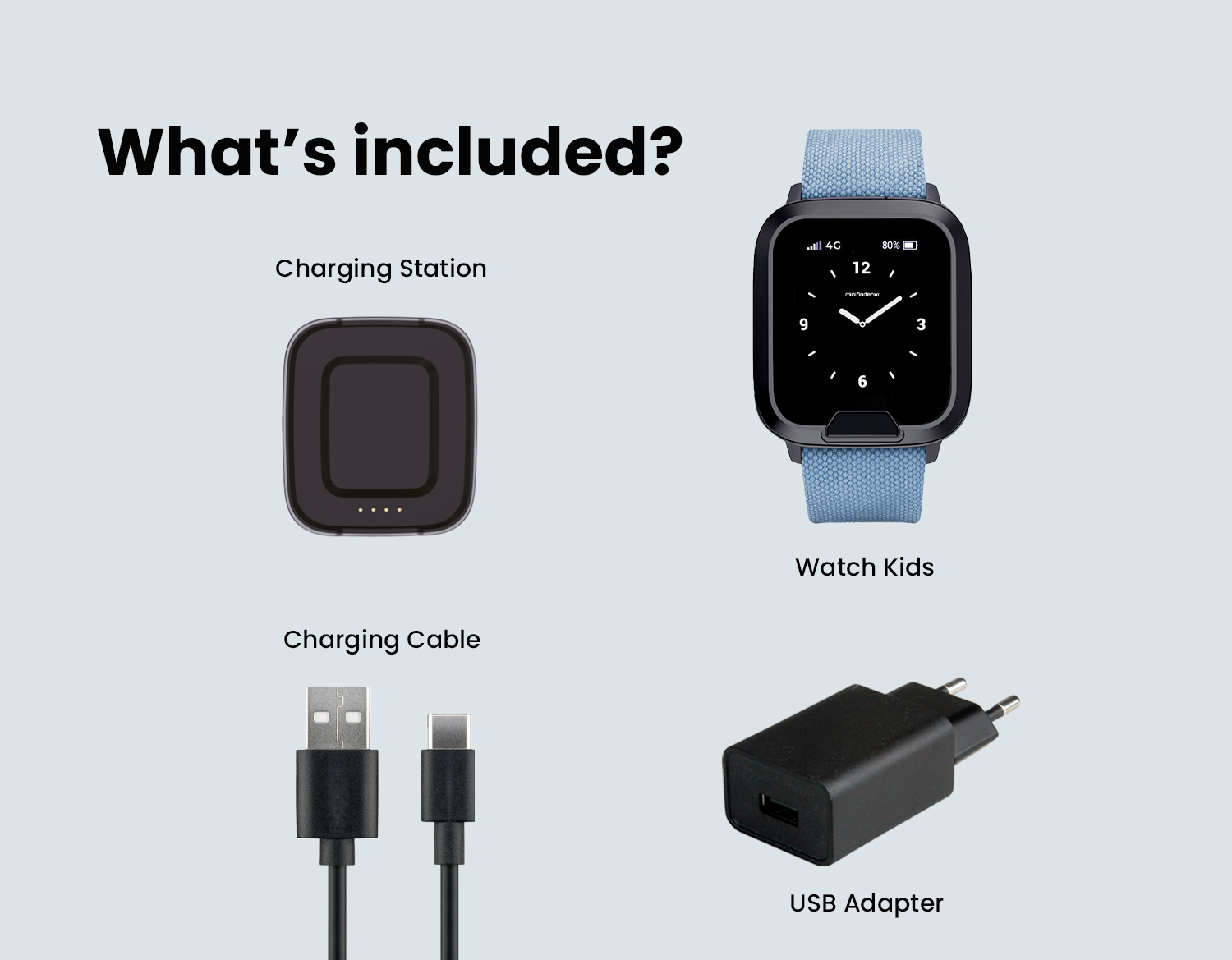 Image of the complete MiniFinder Watch Kids package, including the watch, charging cable, manual.