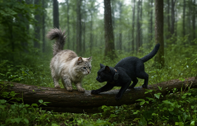 Two cats outdoors wearing waterproof MiniFinder Atto Pro GPS trackers in rainy weather