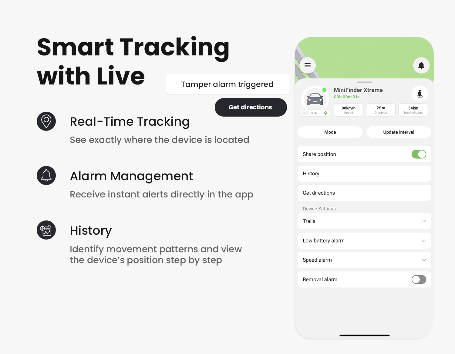 MiniFinder Live app showing real-time tracking and safety features.