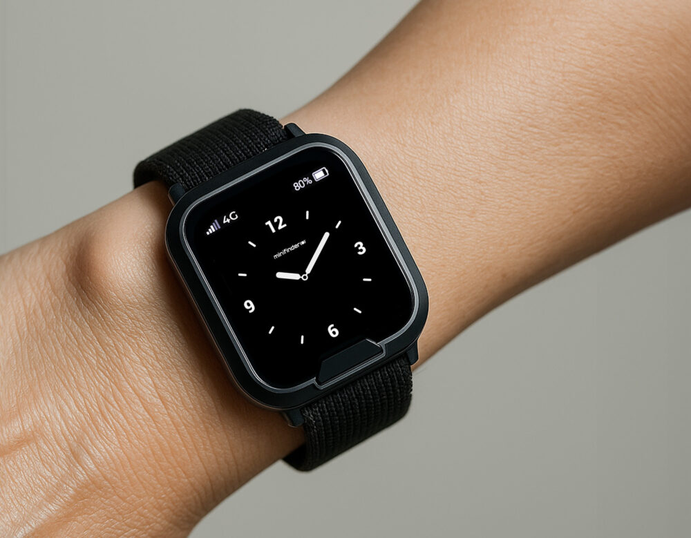 MiniFinder Watch worn on a wrist, showing its comfortable and discreet design.