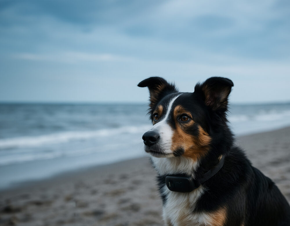 A dog at the beach wearing the Atto Pro GPS tracker on its collar.