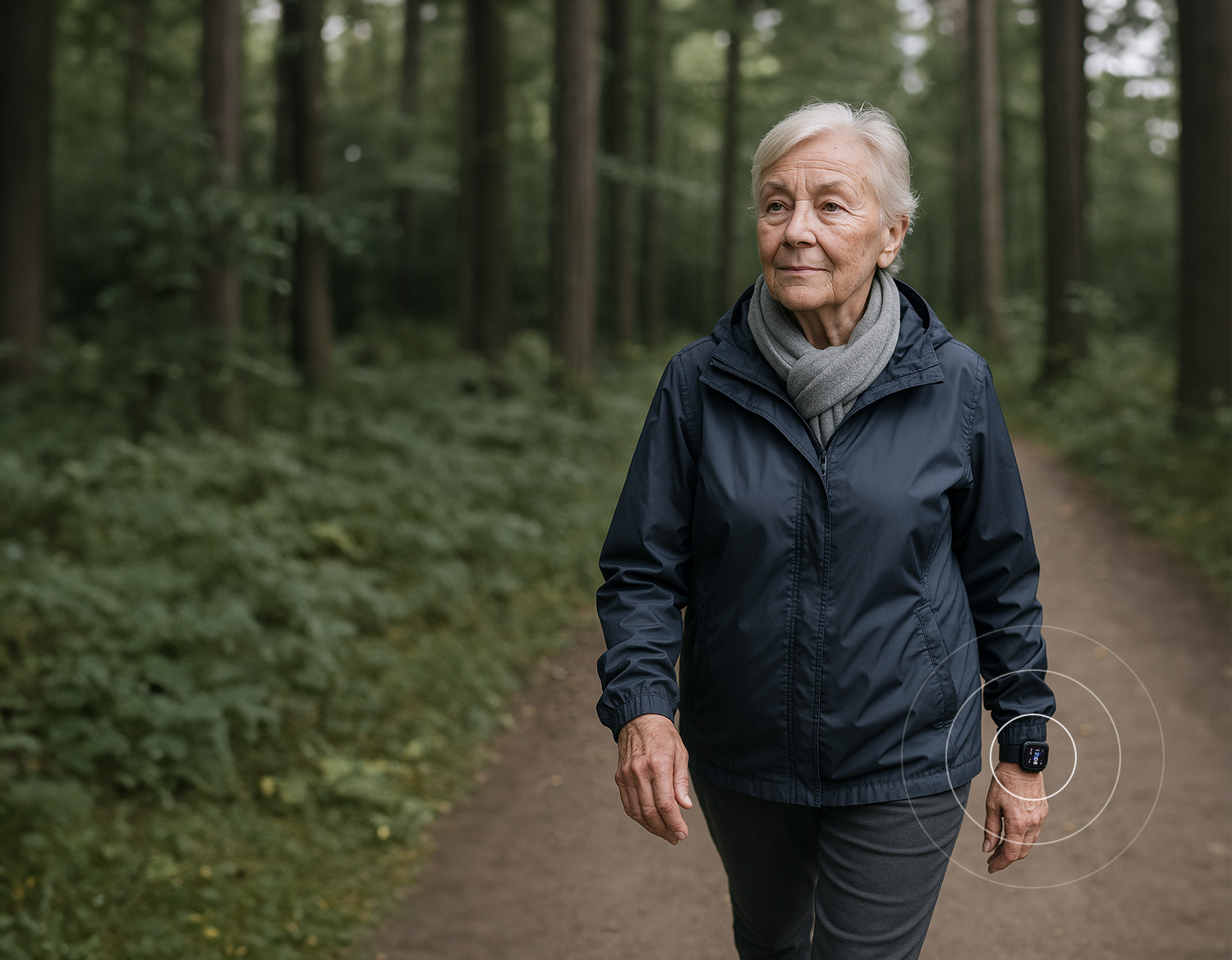Senior woman walking outdoors in the forest wearing a MiniFinder Watch.