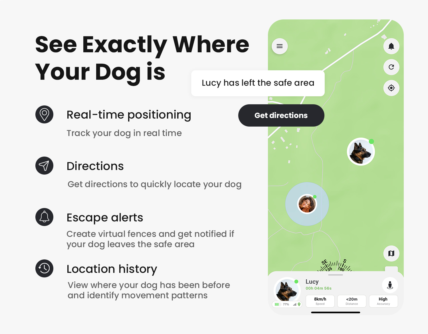 The MiniFinder Live system showing a dog’s real-time position on the map.