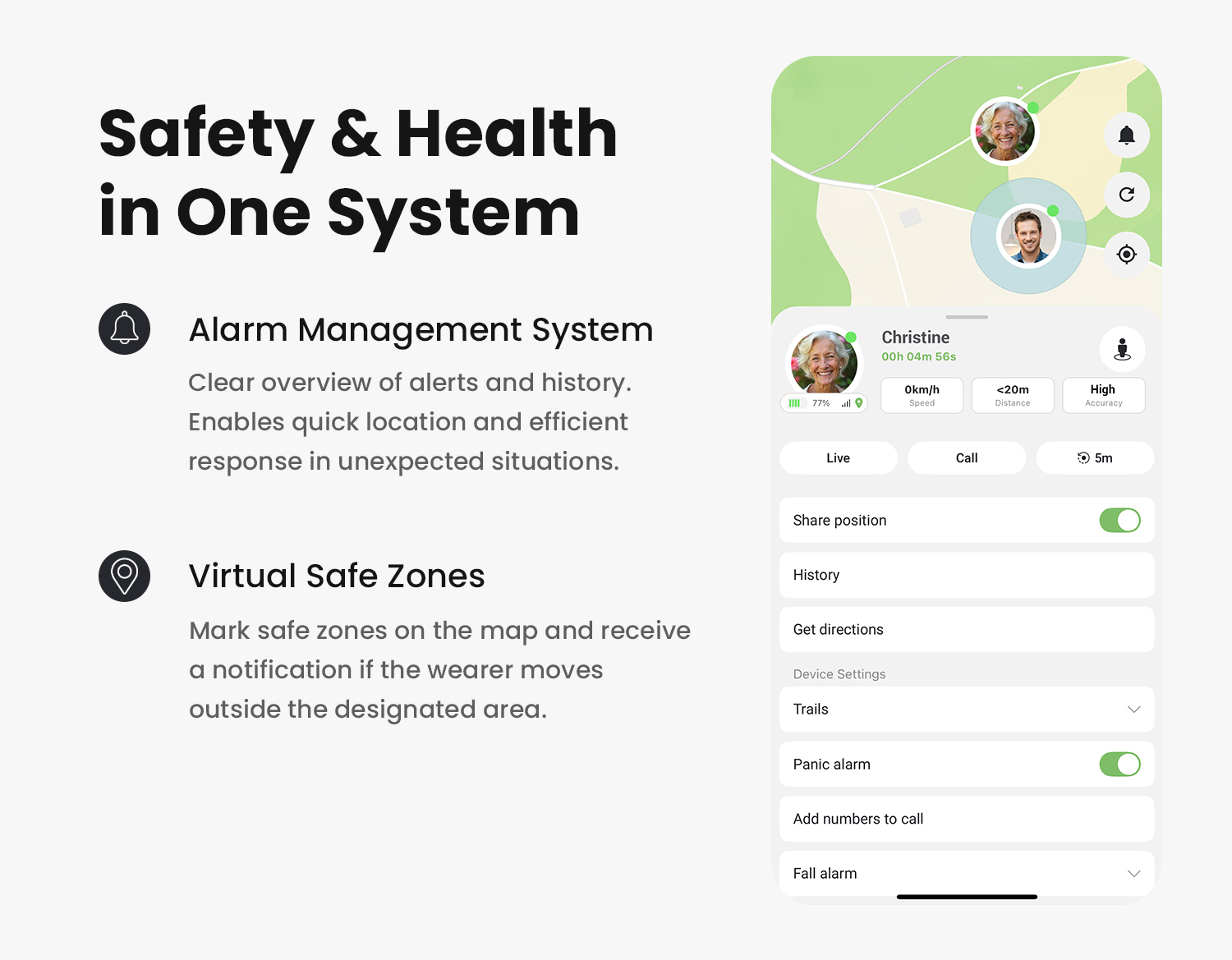 MiniFinder Live app interface showing key safety features and device specifications.