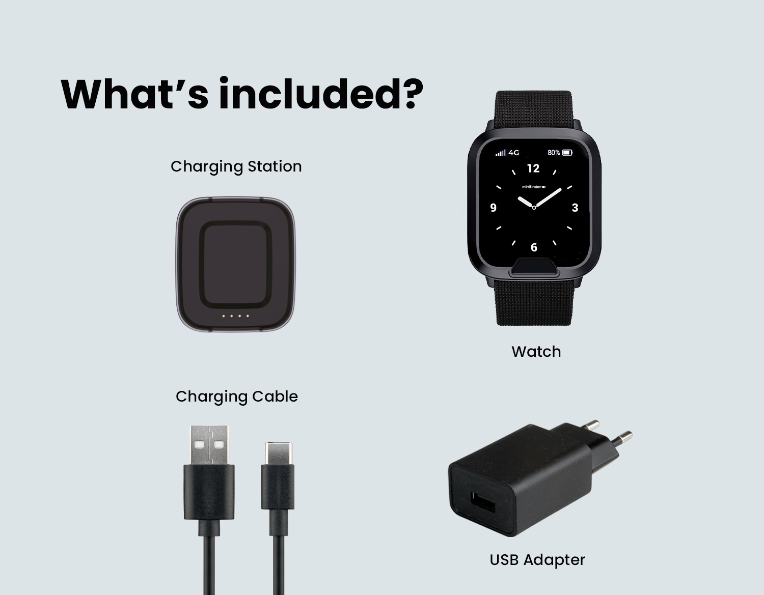 MiniFinder Watch package including charging dock, USB charger and the watch unit.