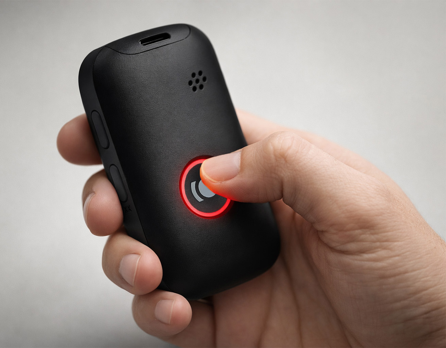 Hand holding the MiniFinder Nox personal alarm while pressing the red alarm button for fast and reliable alarm activation.