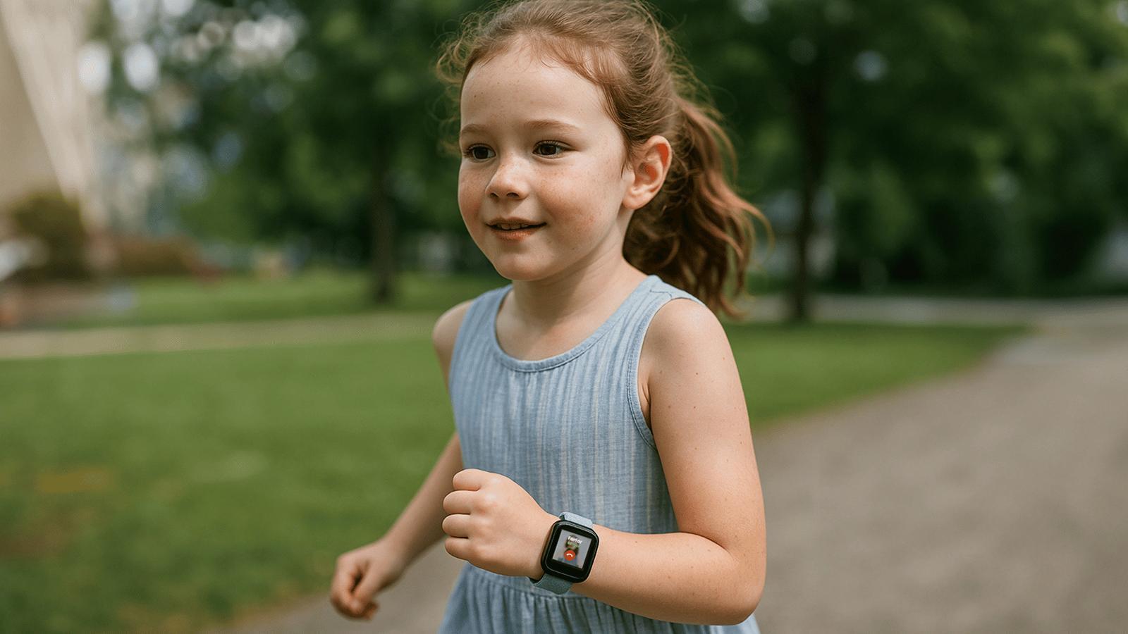 Child wearing a GPS tracker while playing outdoors during summer vacation, allowing parents to stay connected and feel secure through real-time location updates.